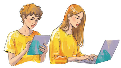 Two young students, a boy and a girl, deeply engaged in online learning with a laptop and a tablet