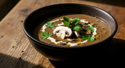 Delicious Mushroom Soup With Fresh Parsley Served in A Stylish Black Bowl
