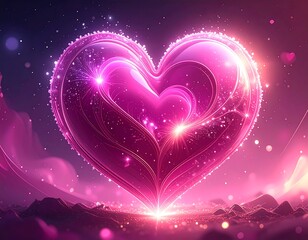 Enchanting, glowing pink heart over a shimmering landscape
