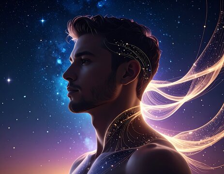 A profile portrait of a man with wavy dark hair, gazing thoughtfully. Golden ethereal light trails envelop him against a starry cosmic backdrop