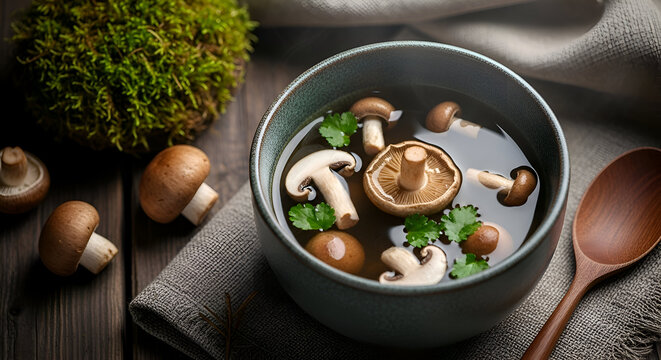 Delicious mushroom soup with fresh ingredients and wooden spoon on a rustic table setting