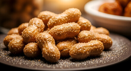 Fototapeta premium Delicious Peanut-Shaped Treats with Sugary Coating Glimmering on a Dark Plate