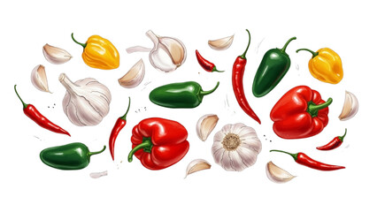 Vibrant Assortment of Fresh Peppers and Garlic Cloves Scattered Artistically