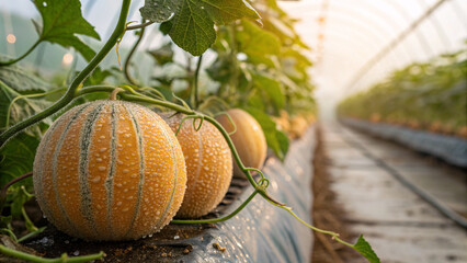 Fresh ripe melons growing in a greenhouse with morning dew on their surface. The image shows healthy orange melons hanging on vines, symbolizing organic farming, freshness, and agricultural productivi