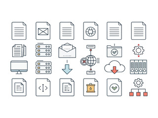 Data management information technology database storage server files and networking icons set for web and application design
