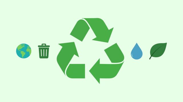 Recycling and eco-friendly animation with recycle symbol, leaf, trash bin, water drop, and earth icons