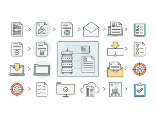 Data processing workflow and information management depicting seamless steps and data flow in a modern business process