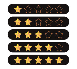 Gold five star rating icon set on transparent background. Vector Illustration flat icon with lighted yellow golden and line stars for reviews, feedbacks products and services.