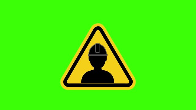 a flat-style vector icon of a construction worker with helmet inside a yellow warning triangle, no background.