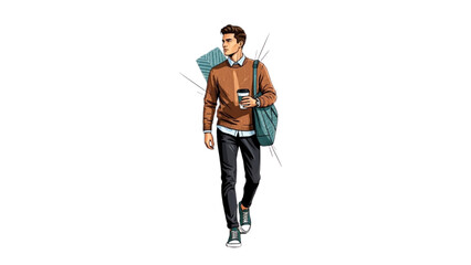 Young man in casual clothing carrying a messenger bag and coffee cup