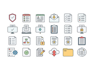 Office Documents and File Management Icon Set for Website and App Design Featuring Security Checklist Calendar and Cloud Upload