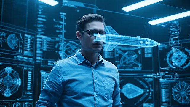 Futuristic Engineer Designing Spaceship with Holographic Interface in High Tech Lab.