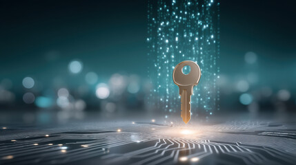 Phishing concept digital key hovering above circuit board glowing data stream representing cyber security and threat awareness