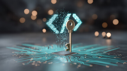 Phishing concept digital key on microchip glowing circuit board symbolizing cybersecurity and data protection in modern technology