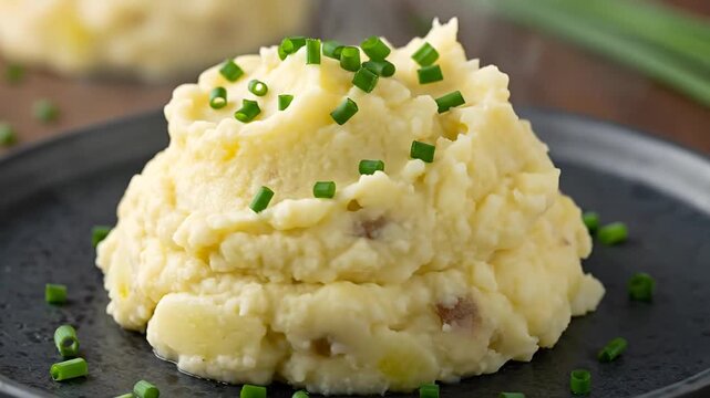Creamy mashed potatoes with fresh herbs overhead view culinary preparation