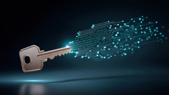 Phishing concept digital key cybersecurity encryption data protection binary code circuit board glowing teal futuristic security