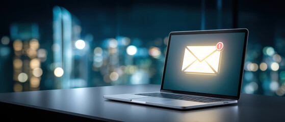 Phishing concept email alert laptop notification cyber security data protection digital communication message inbox threat urban night