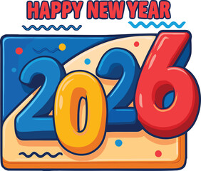 Happy New Year 2026 vector, bold red and multicolor typography, festive abstract design with dots and waves, vibrant celebration illustration