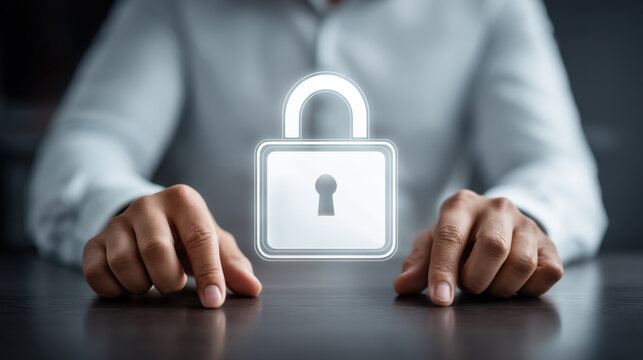 Phishing concept digital lock security concept businessman protecting data with hands glowing padlock symbol representing phishing concept