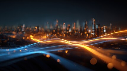 Fototapeta premium Futuristic City Data Stream Waving Technology Connectivity Network