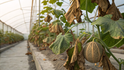 melons growing in greenhouse with yellowing leaves due to nutrient deficiency