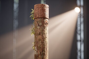 Obraz premium Mossy pole sprouts greenery, illuminated by a hazy light source