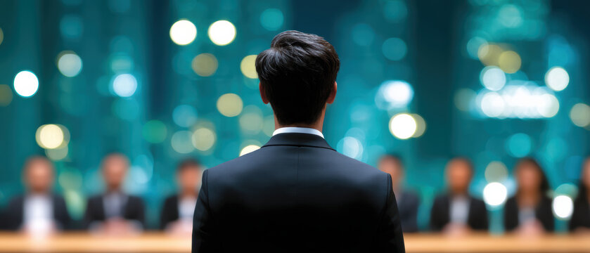 Young businessman presentation phishing concept confident speaker facing panel of executives at night city boardroom - Powered by Adobe