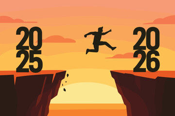 New Year leap vector, 2025 to 2026 transition, cliff jump illustration, motivational sunrise scene, goal achievement art, progress concept, symbolic change