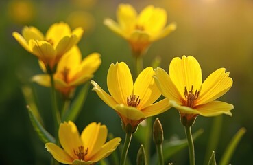 Bright yellow flowers bloom in sunny garden meadow environment. Golden light glows on delicate petals, green foliage. Vibrant natural scene truly captures beauty of spring summer flora outdoors. Wild