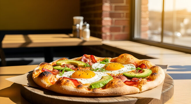 Delicious pizza with sunny side up eggs, avocado, and bacon on a wooden board inside - Powered by Adobe