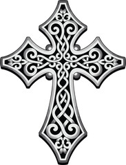 Ornate Celtic cross, intricate knot design, symmetrical religious symbol, shaded black and gray art, spiritual vector, cultural motif, decorative illustration, heritage icon
