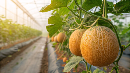 Fresh ripe melons growing in a greenhouse with morning dew on their surface. The image shows healthy orange melons hanging on vines, symbolizing organic farming, freshness, and agricultural productivi