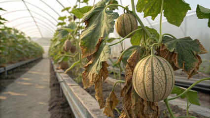melons growing in greenhouse with yellowing leaves due to nutrient deficiency