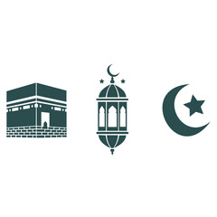 Creative design vector art of islamic symbols including kaaba, ramadan lantern, and crescent moon with star