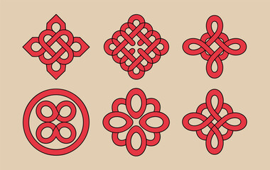 Red decorative knots, symmetrical loop patterns, cultural knotwork design, traditional art vector, Celtic Chinese style, beige background, ornamental curves, interwoven shapes