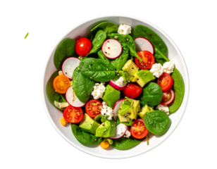 Hand Holding Shining Light Bulb with Energy Rays, Creative Concept, isolated - Top View of Healthy Mixed Green Salad Bowl PNG Cutout