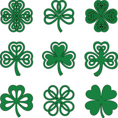 Shamrock vector set, stylized clover designs, green leaf variations, Irish cultural symbol, St. Patrick’s Day art, lucky charm illustration, decorative foliage