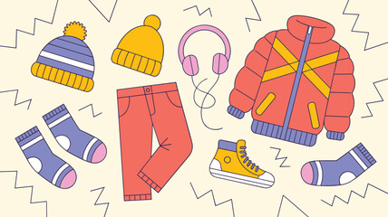 Winter clothing vector illustration with jacket, pants, hats, socks, sneakers, and headphones, flat colorful outfit icons for seasonal fashion design
