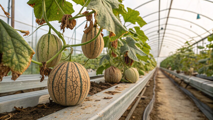 melons growing in greenhouse with yellowing leaves due to nutrient deficiency