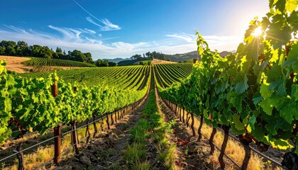 Obraz premium Lush green vineyard rows stretching towards rolling hills under a bright sunrise with warm golden light illuminating the lush green foliage and blue sky with wispy clouds.