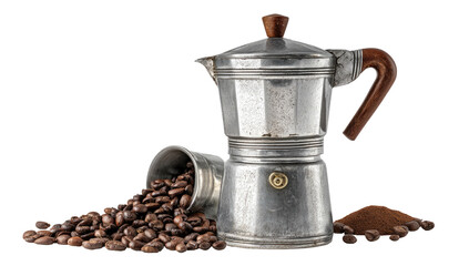 A vintage Italian espresso maker alongside spilled coffee beans and a mound of coffee grounds