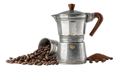 A vintage Italian espresso maker alongside spilled coffee beans and a mound of coffee grounds