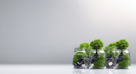 Eco-Investment Concept: A conceptual shot presents glass jars, each containing a growing tree amidst coins, symbolizing investment in environmental sustainability and financial growth. Generative Ai