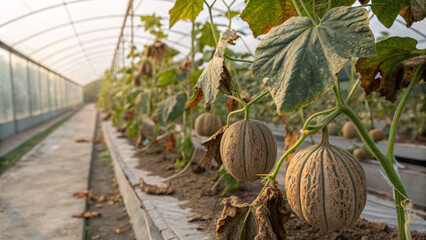 melons growing in greenhouse with yellowing leaves due to nutrient deficiency