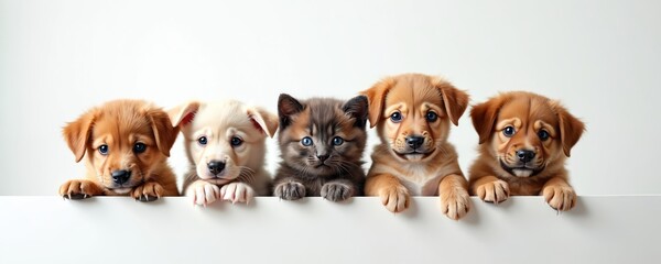 Obraz premium Four cute puppies and one kitten pose together. They stand in row on white background. Animals look at camera. Friendship between kitten and dogs. Funny pet family portrait.