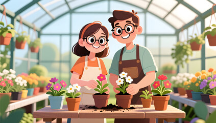 Valentine couple planting flowers in greenhouse scene