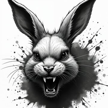 Fierce black and white illustration of a rabbit with sharp teeth and an aggressive stare. Ink splatters create a dynamic, abstract background effect. This graphic design features a wild, angry animal.