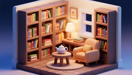 Warm and comfortable cartoon reading corner 3D illustration