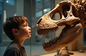 Young boy admires dinosaur fossil skull in museum exhibit. Child explores prehistoric history learning about ancient creatures. Paleontology science lesson indoors at display