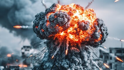 Fiery explosion dominates a ruined urban landscape